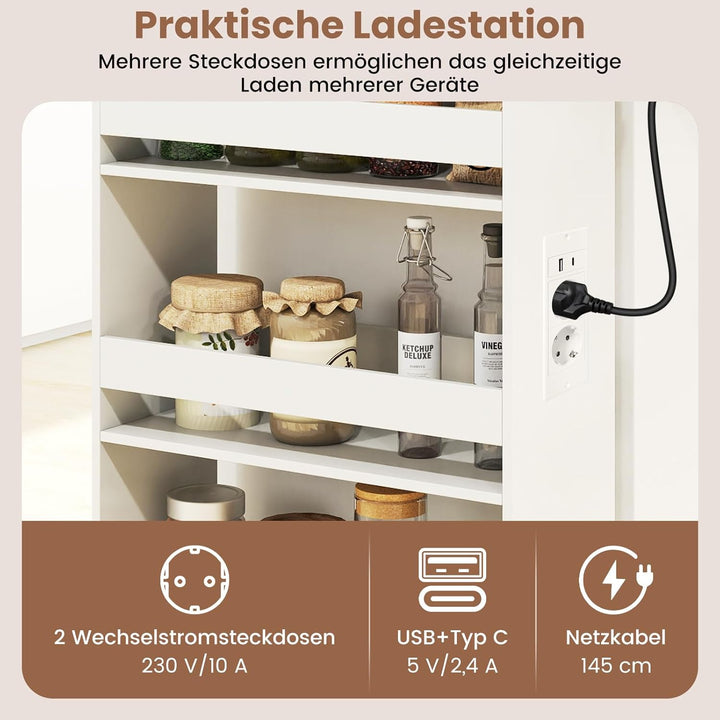 COSTWAY Nischenwagen 20cm breit, 4 Etagen Küchenwagen schmal mit Ladestation, Nischenregal auf Rolle