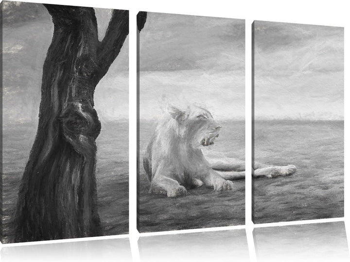 Pixxprint Löwin Ruhe Savanne Kunst Kohle Effekt 3-Teiler Leinwandbild 120x80 Bild auf Leinwand