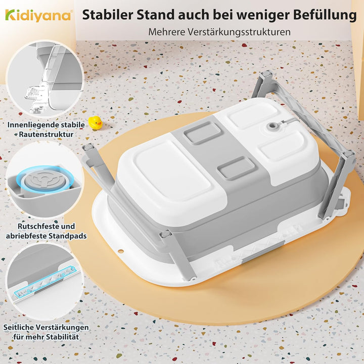 Baby Badewanne faltbar mit Gestell, stabil und rutschfest, platzsparend klappbar, mit Ablauf, PP & T