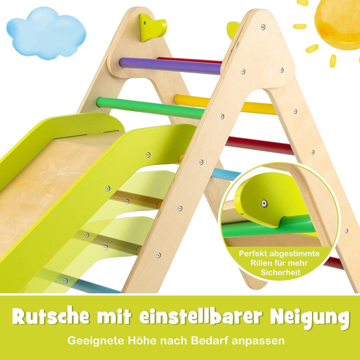 DREAMADE 2 in 1 Kletterdreieck mit Rutschbrett, Indoor Klettergerüst, Holzdreieck Sprossendreieck Kl