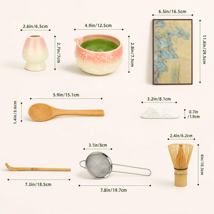 Matcha Set, 8-teilig mit 550ml Keramikschale &amp; Chasen | 550ml Keramikschale mit Ausguss und Sakura-R