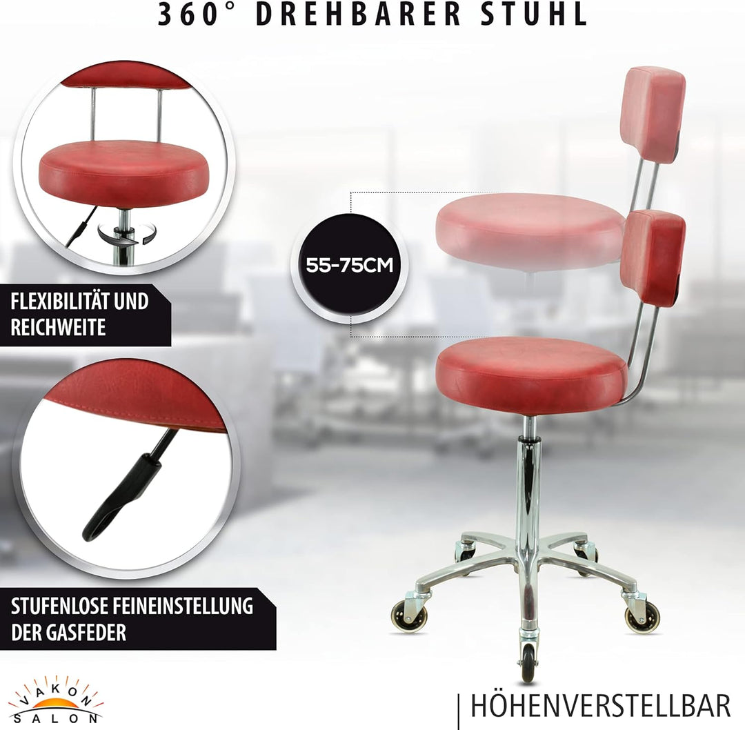 Premium Rollhocker mit Lehne in Rot - Höhenverstellbar von 55 bis 75 cm - Rundsitz - Drehhocker Arbe