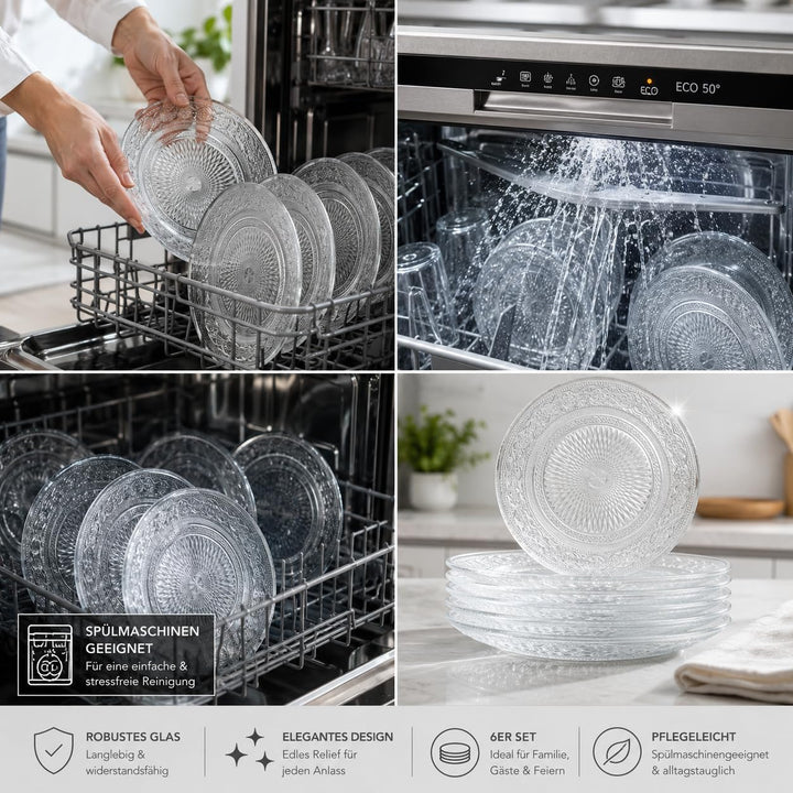 DRULINE 6 tlg. Tellerset 6 Personen Nostalgie Glasteller Speiseteller Essteller Salatteller Glas Vor