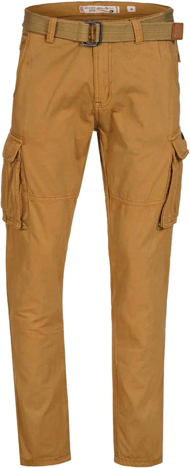Indicode Herren William Cargohose aus Baumwolle m. 7 Taschen inkl. Gürtel | Outdoorhose S Amber, S A