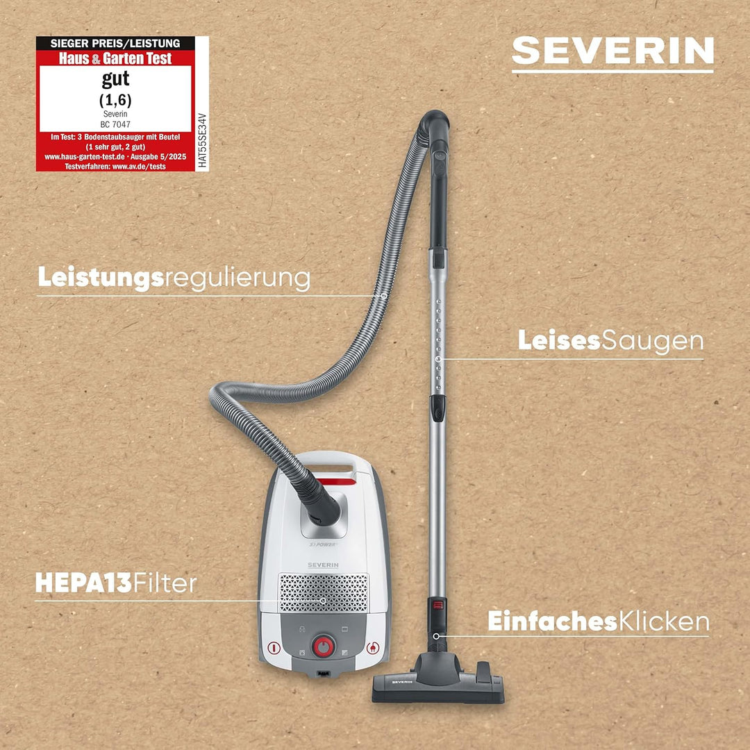 SEVERIN BC7047 7047, Staubsauger, weiss-rot 4L, Weiss/Rot, 850 W, 4L, Weiss/Rot, 850 W