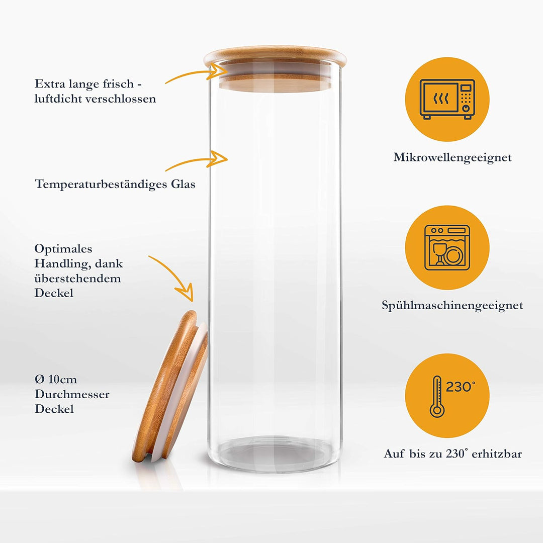 HIKITCHEN® Vorratsgläser aus 3mm dickem Borosilikatglas - Vorratsdosen Glas mit Bambusdeckel, Glasbe