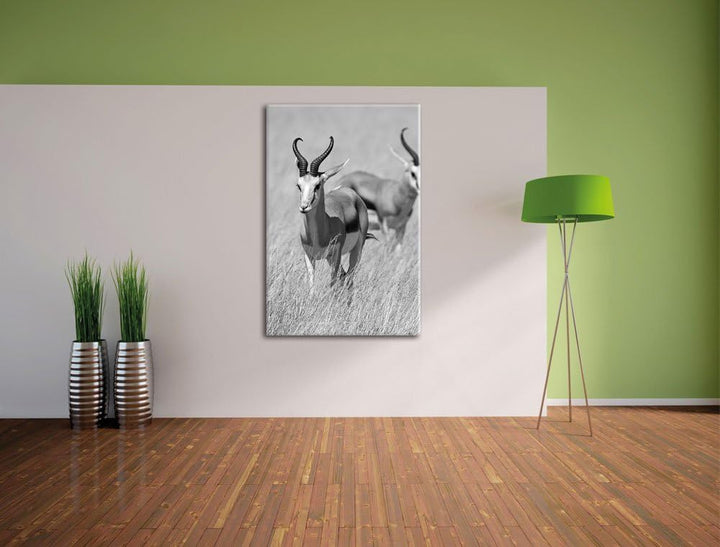 Pixxprint Tiere in Savanne, Rehe, Afrika schwarz/weiss, Format: 80x120 auf hochkantiges Leinwand, XX