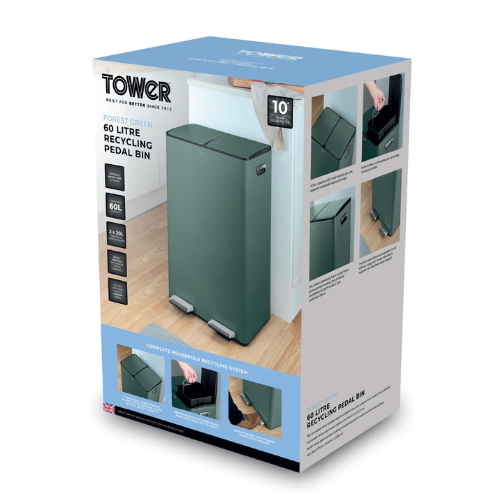 Tower T838023FOR Recycling-Treteimer mit zwei 30-Liter-Fächern, zwei Inneneimern, Körper aus Karbons