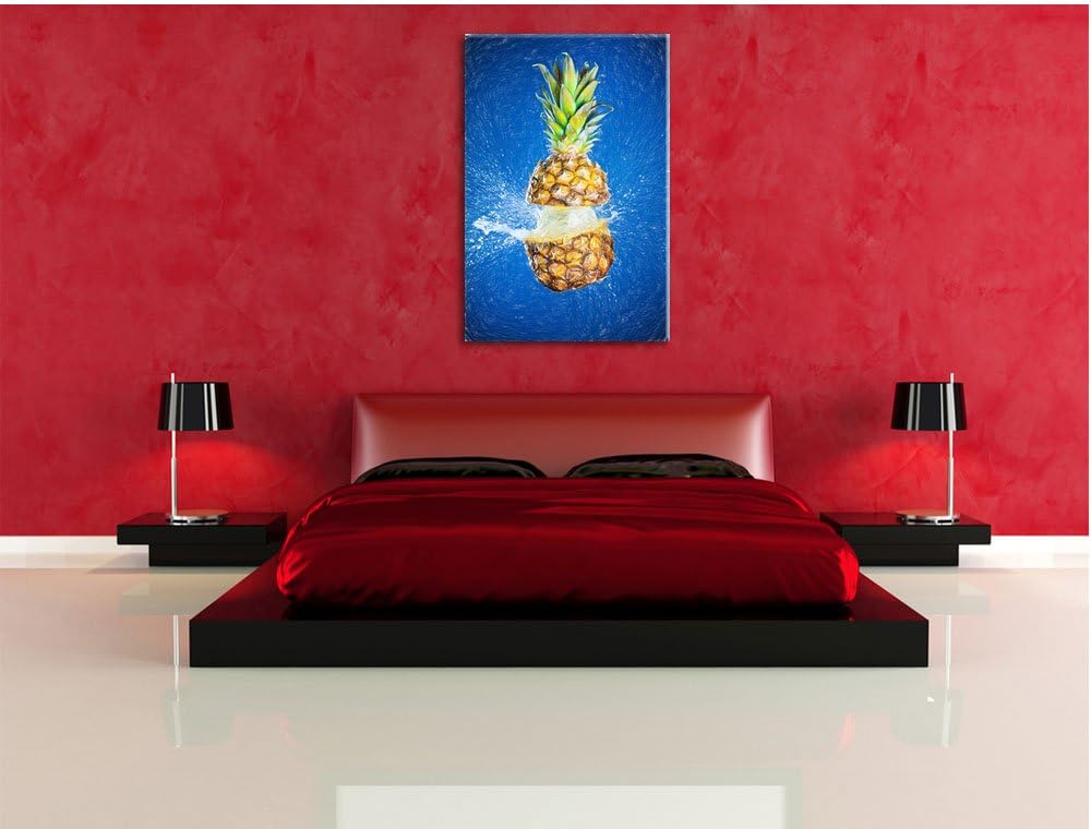 Pixxprint Ananas mit Wasser bespritzt Kunst Buntstift Effekt, Format: 100x70 auf Leinwand, 100x70