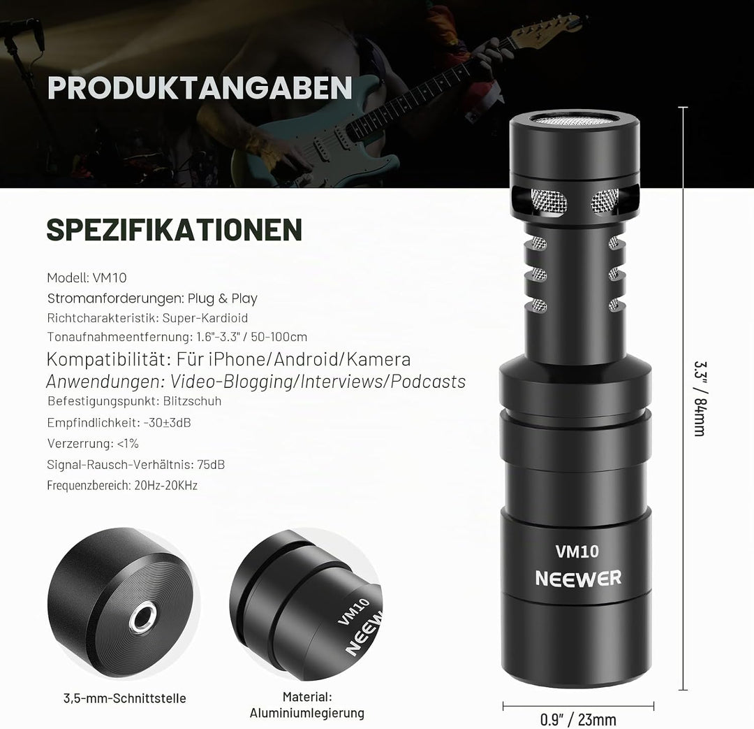 NEEWER Plug & Play Vlog Mikrofon 20–20kHz Mini Supernieren Mic mit 3,5mm TRS USB C OTG Kabel Stossha