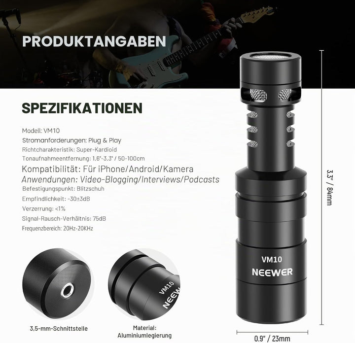 NEEWER Plug & Play Vlog Mikrofon 20–20kHz Mini Supernieren Mic mit 3,5mm TRS USB C OTG Kabel Stossha