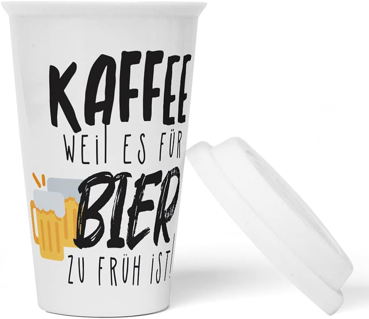 JUNIWORDS To-Go Becher mit Deckel, Kaffee weil es für Bier zu früh ist!
