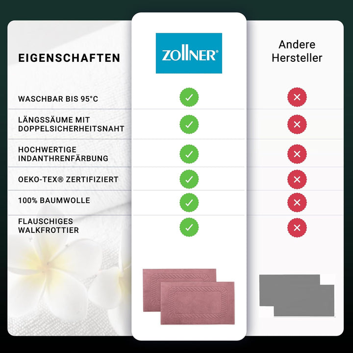ZOLLNER 2er Set Badematten - weiche und saugstarke Duschvorleger - waschbar bis 95°C - Baumwolle - 5