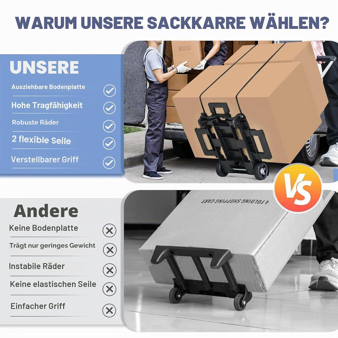 ZHJINGYU Aluminium Sackkarre Klappbar, 35KG Transportkarre mit Teleskopstange - 2 Expanderseilen ink