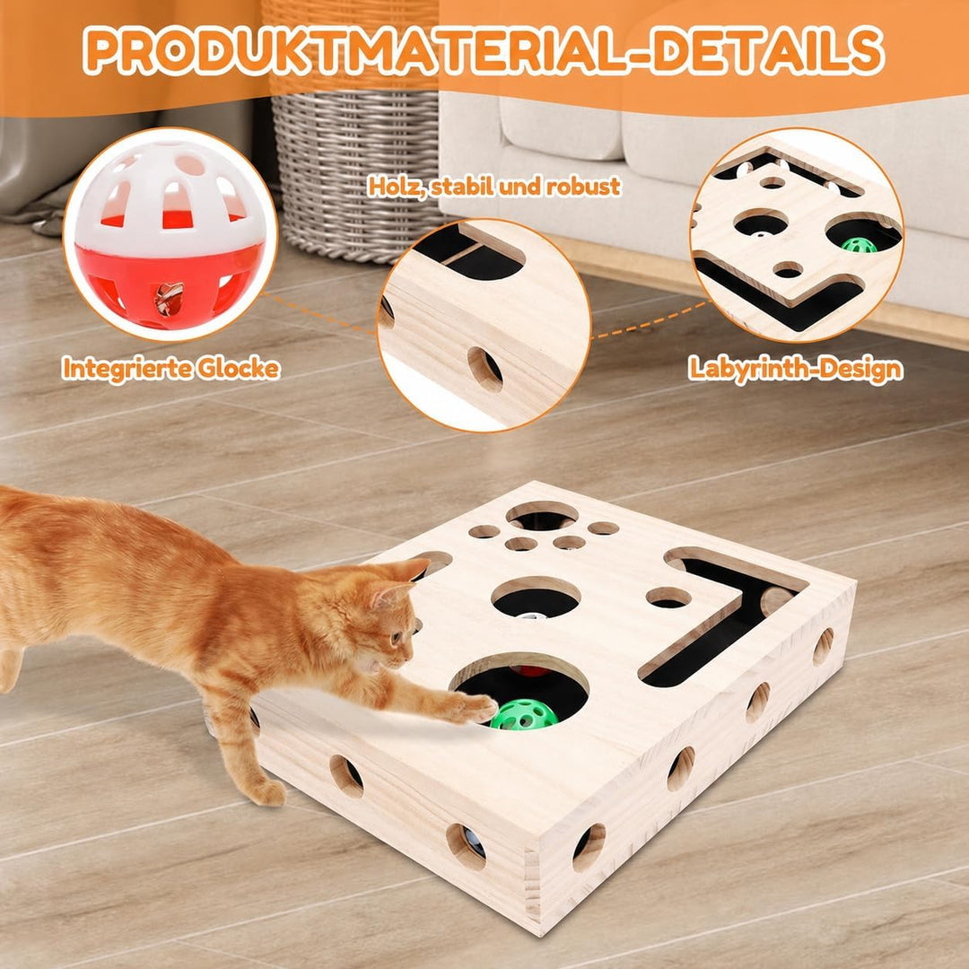 Beschäftigungsbox Krallenfeile Katze, 29,5×24,5×6 cm Kratzpuzzle Spielbox Holz Katzen Kratzbrett mit