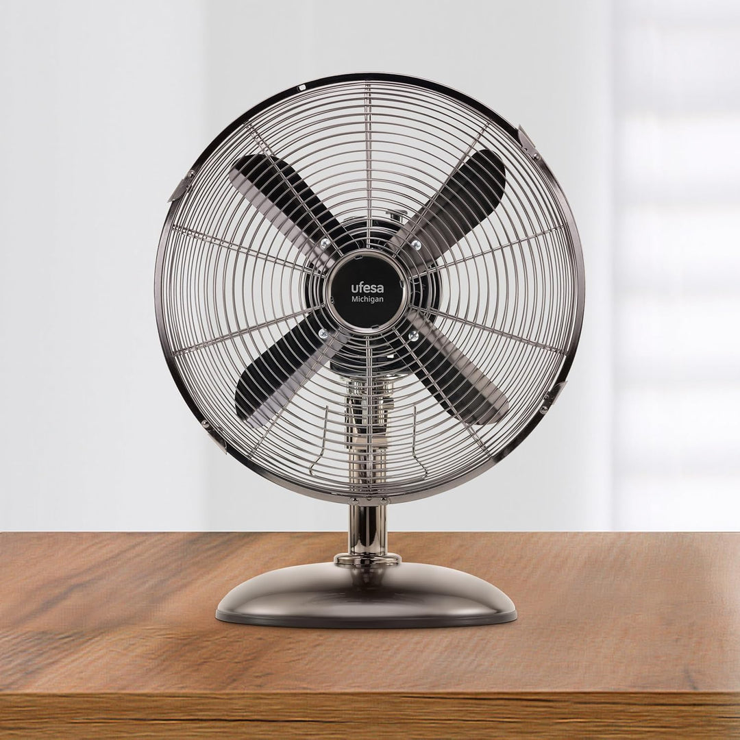 UFESA Michigan Mini Tischventilator Oszillierend, 40W, 3 Geschwindigkeiten, 4 Blätter 30cm, Metallic