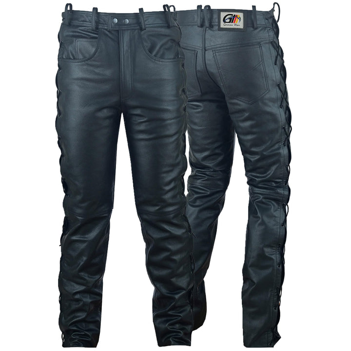 German Wear Lederhose lederjeans bikerjeans Büffelleder seitlich geschnürt Schwarz 52 Schwarz, 52 Sc
