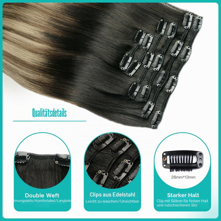 SURNEL Clip in Extensions Eechthaar, 50cm 20 Zoll 120g 6pcs Balayage Schokoladenbraun bis Karamellbl