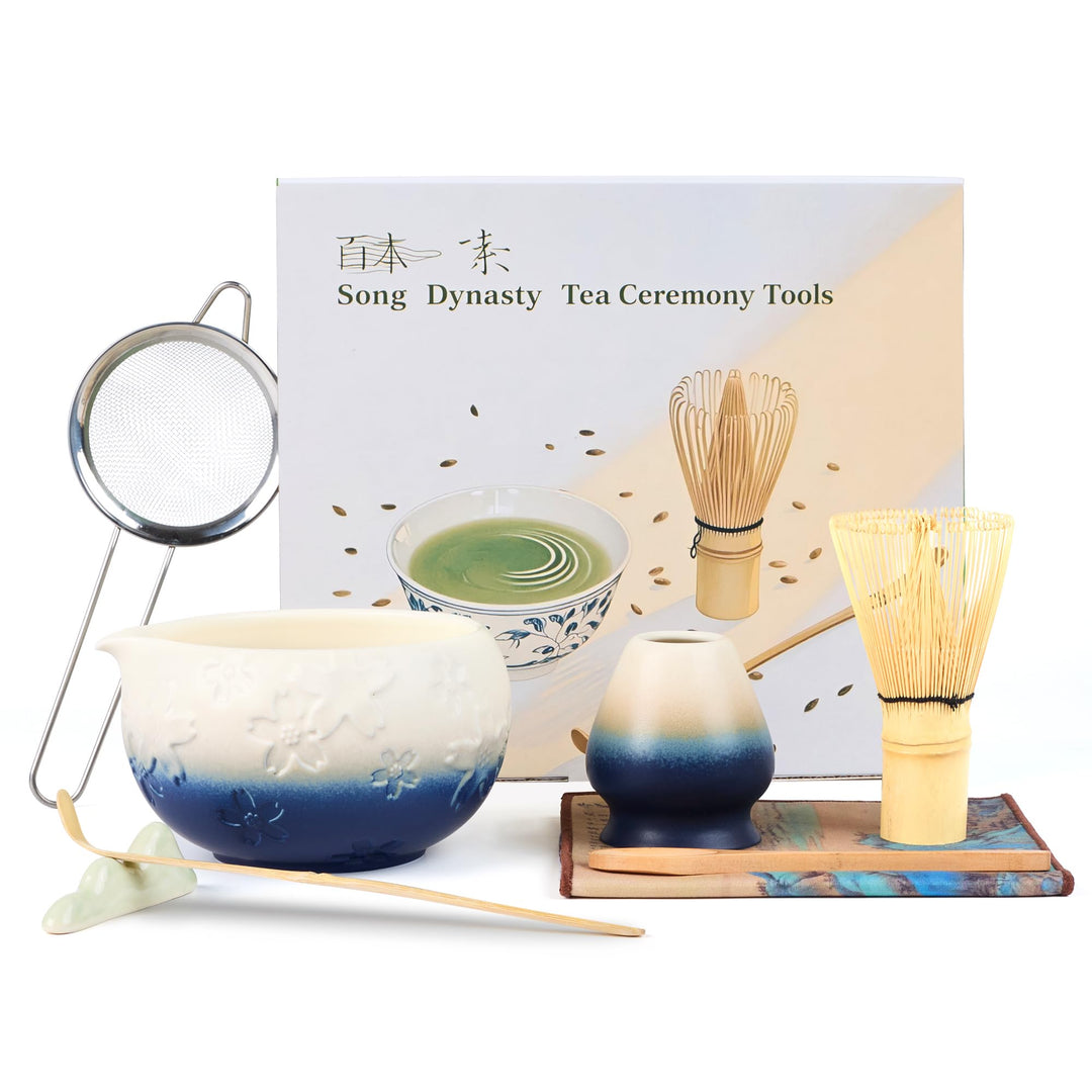 Matcha Tea Set 8- piece Matcha Broom Set with Whisk, Broom Holder, Ceramic Bowl, 2 Teaspoons, spoon