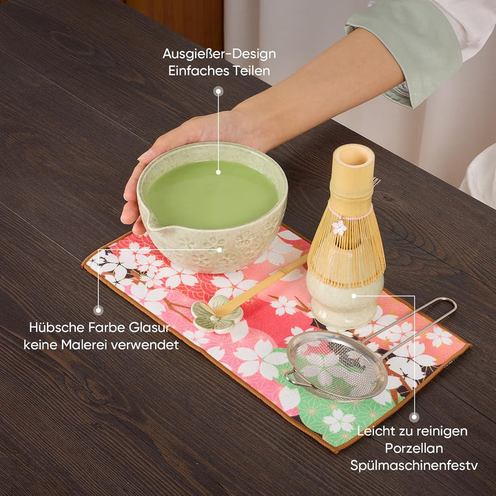 Matcha Set, einschliesslich einer Keramik Matcha Schale, Matchabesen und Halter, Sieve, Geschirrtuch