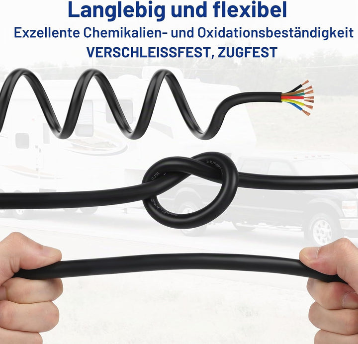 Rundes 7-adriges Kabel, 7 x 0,5 mm² Anhängerkabel 5 m, 12 V/24 V, schwarz, Automobildraht für Anhäng