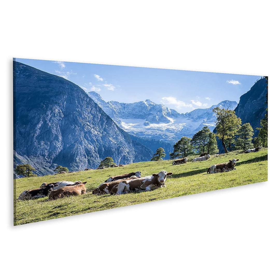 Bild auf Leinwand Kühe auf Wiese in den Bergen Alpen Kuhwiese Wandbild Poster Kunstdruck Bilder Form