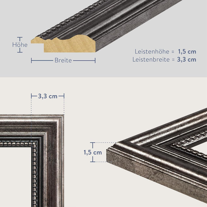 WANDStyle Bilderrahmen Antik 30x42cm DIN A3 I Farbe: Metall I Holzbilderrahmen I Fotorahmen I Barock