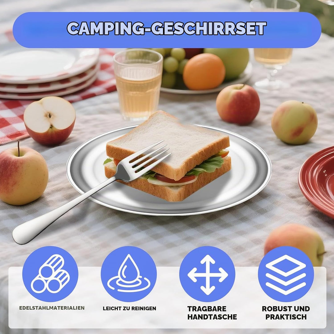Camping Geschirr Set 2 Personen, 10 Stück Edelstahl Camping Besteck, Hochwertiges, Platzsparend für