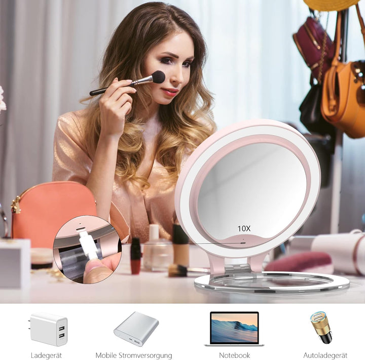 WEILY Schminkspiegel mit Beleuchtung, 10X/1X Vergrösserung Doppelseitiger Kosmetikspiegel mit 3 Farb