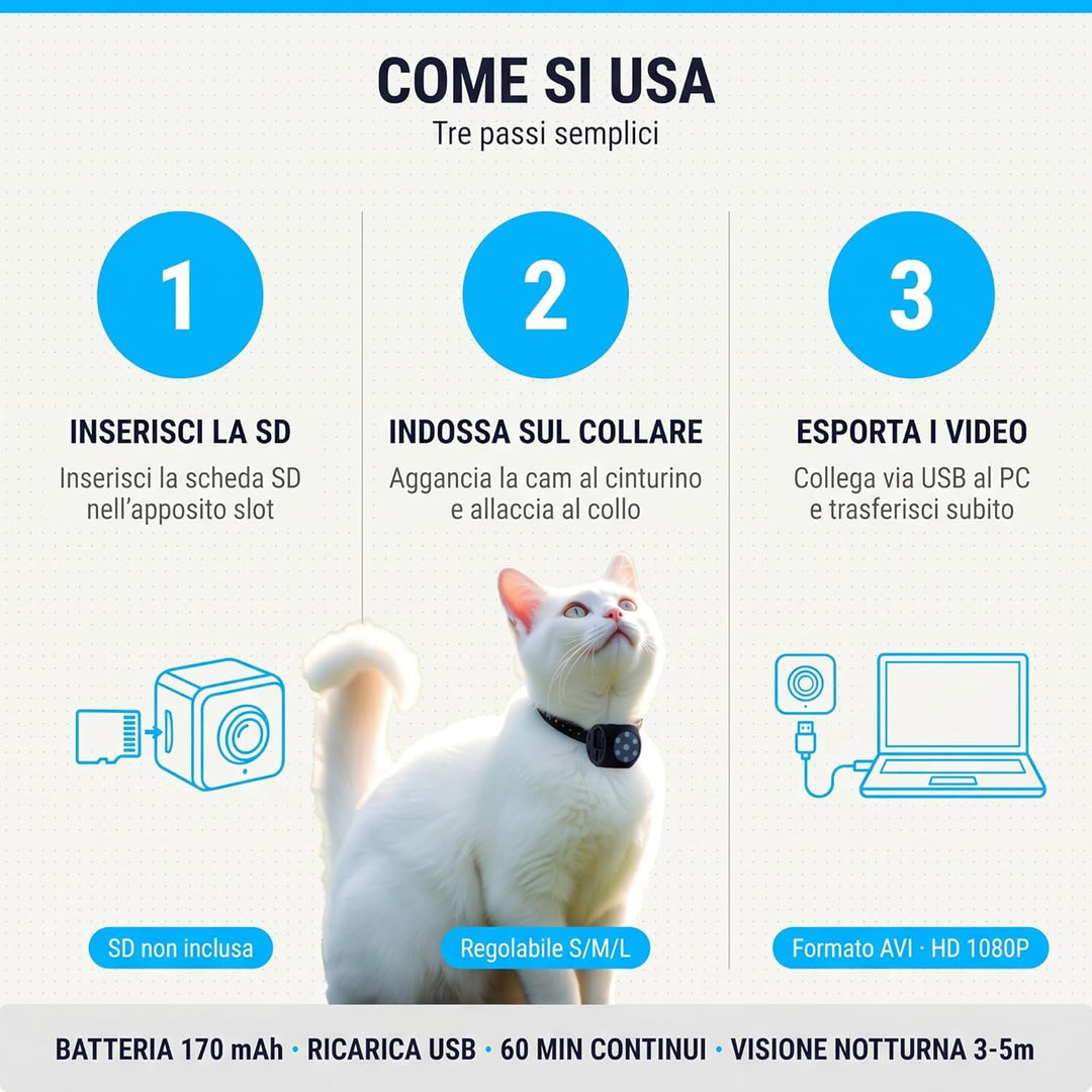 Mini-Kamera, tragbar, Full HD, 1080p, für Hunde und Katzen, Infrarot-Nachtsicht, SD-Aufzeichnung, ve