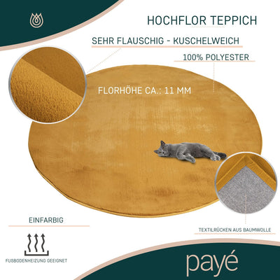 payé Teppich Wohnzimmer Hochflor Gelb - 160x160cm - Rund Super Soft Kuschelweich Flauschig Modern Ei