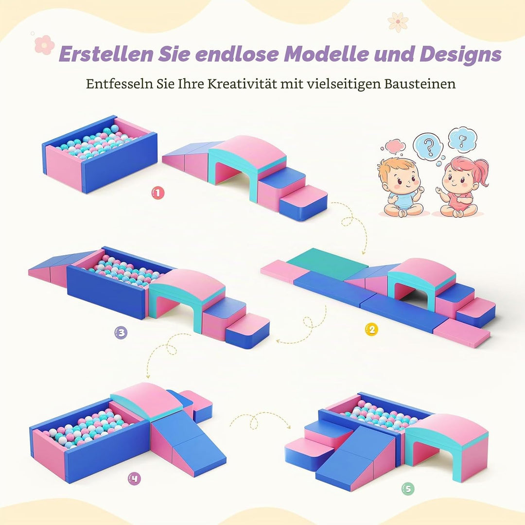6pcs Schaumstoff Bausteine Kinder, Schaumstoff Bausteine mit Bällebad &amp; Tunnel, weiche Softbausteine