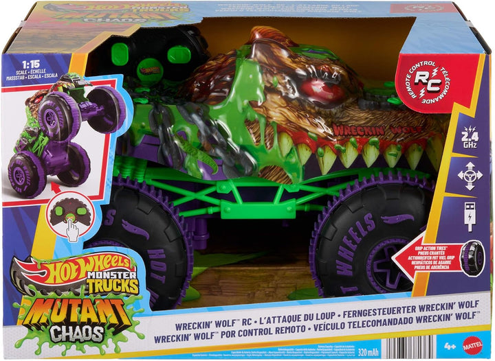 Hot Wheels Spielzeug Monster Trucks, Wreckin‘ Wolf im Massstab 1:15 mit Fernbedienung, ferngesteuert