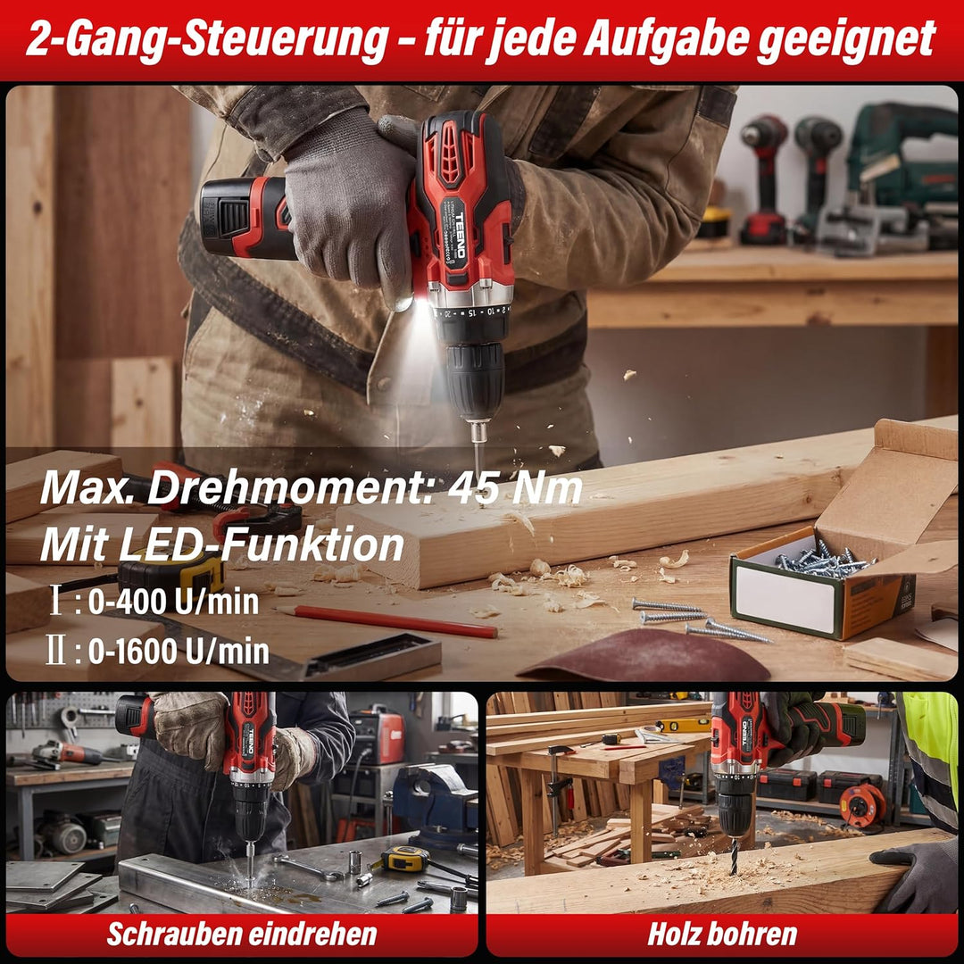 TEENO 16,8 V Akku-Schlagbohrschrauber & Winkelschleifer Set, 25+1 Drehmomentstufen (45 Nm), 19500 U/