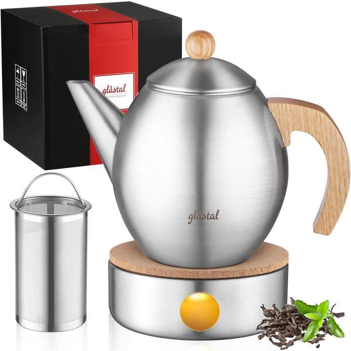 glastal 1200ml Silberne Teekanne Edelstahl mit Siebeinsatz und Doppelwandige Kanne mit Decke, Thermo