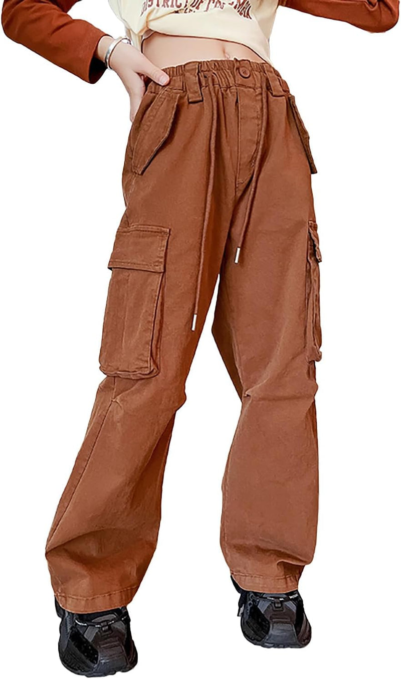 Rolanko Mädchen Baggy Cargo Hose, Elastisch Hohe Taille Gerade Weites Bein Streetwear Hose mit Mehre