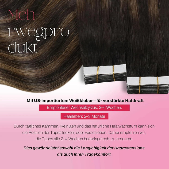 Moresoo Tape in Extensions Echthaar Braun Unsichtbare Tape Extensions Dunkelbraun bis Hellbraun mit