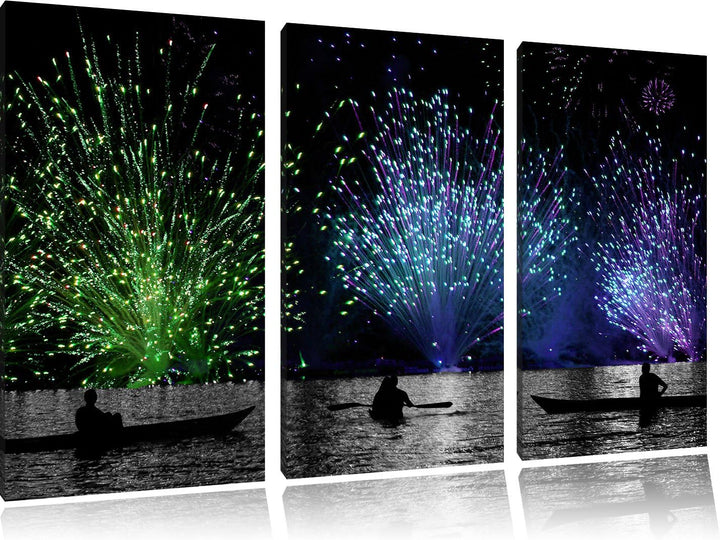 Pixxprint Feuerwerk auf dem Wasser / 3-Teilig/Gesamtmass 120cm Leinwandbild bespannt auf Holzrahmen/