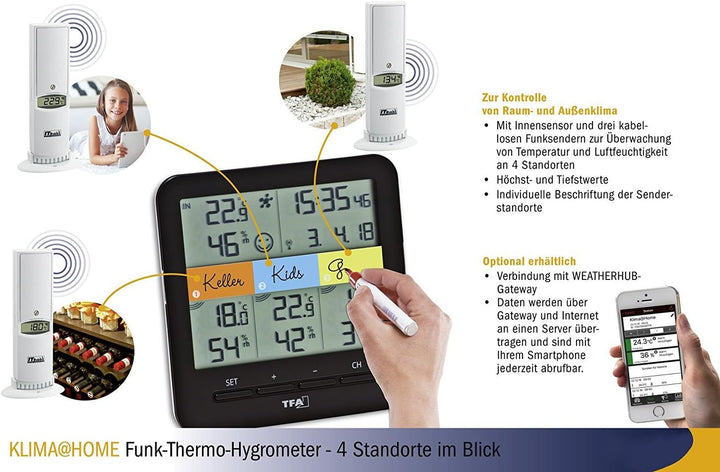TFA Dostmann 30.3060.01 Funkthermo-Hygrometer Klima Home, schwarz (Schwarz mit Batterien), Schwarz m