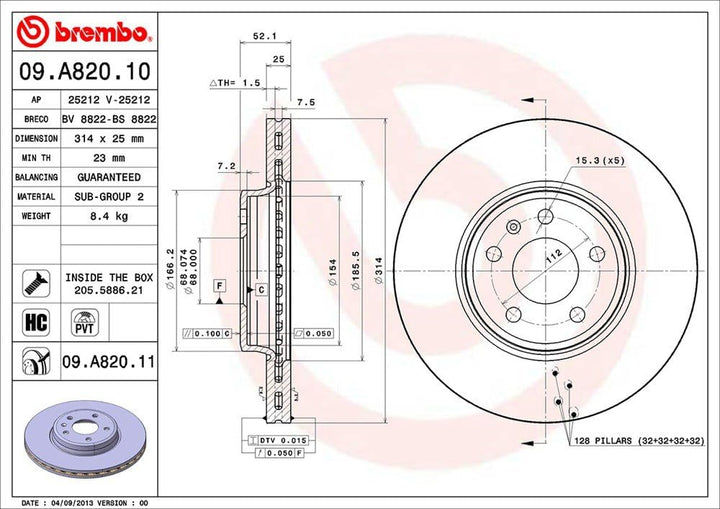 Brembo 09.A820.11 COATED DISC LINE Bremsscheibe - 1 Stück Single, Single