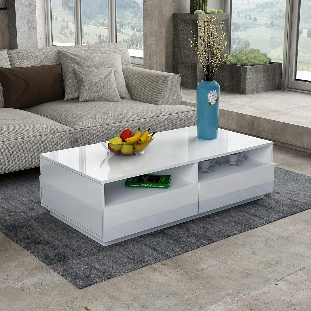 Senvoziii LED Couchtisch für Wohnzimmer, Beistelltisch Moderner Holztisch, Weisser Glanz Kaffeetisch