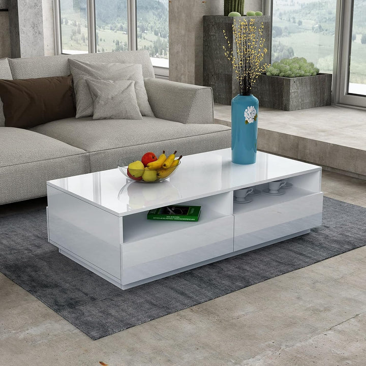 Senvoziii LED Couchtisch für Wohnzimmer, Beistelltisch Moderner Holztisch, Weisser Glanz Kaffeetisch