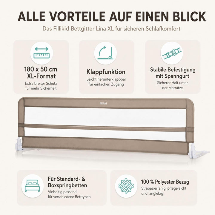 Fillikid Bettgitter Lina XL 180 x 50 cm Exklusiv | Rausfallschutz Bettschutzgitter für Kinderbett &amp;