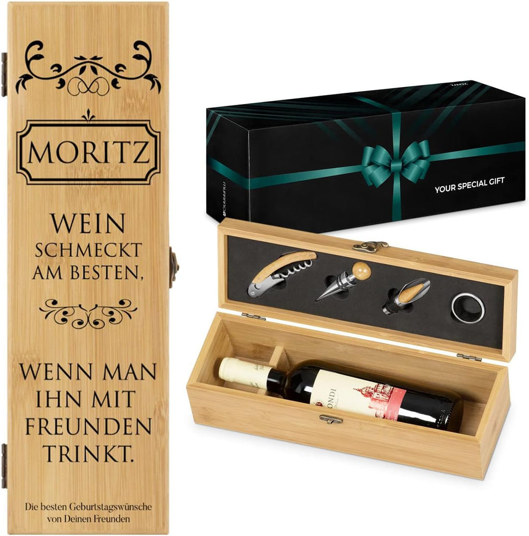Maverton Wein Geschenkbox für 0,7L Weinflasche + Aufdruck + 4er Weinzubehör - Weinset aus Bambus - 3