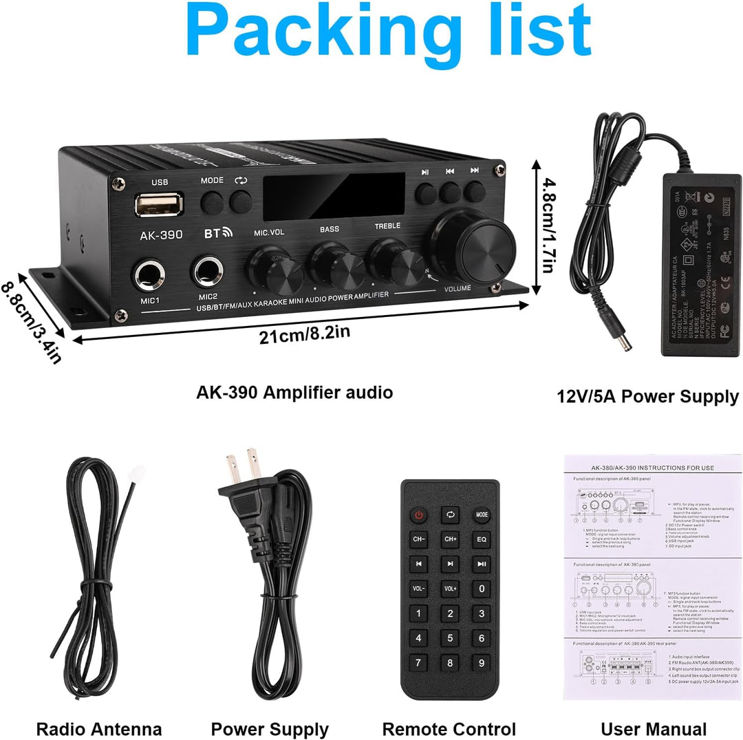 Romicta HiFi-Verstärker AK390, Mini Bluetooth Stereo-Audioverstärker Receiver 12V/ 220V 800W 2 Kanäl