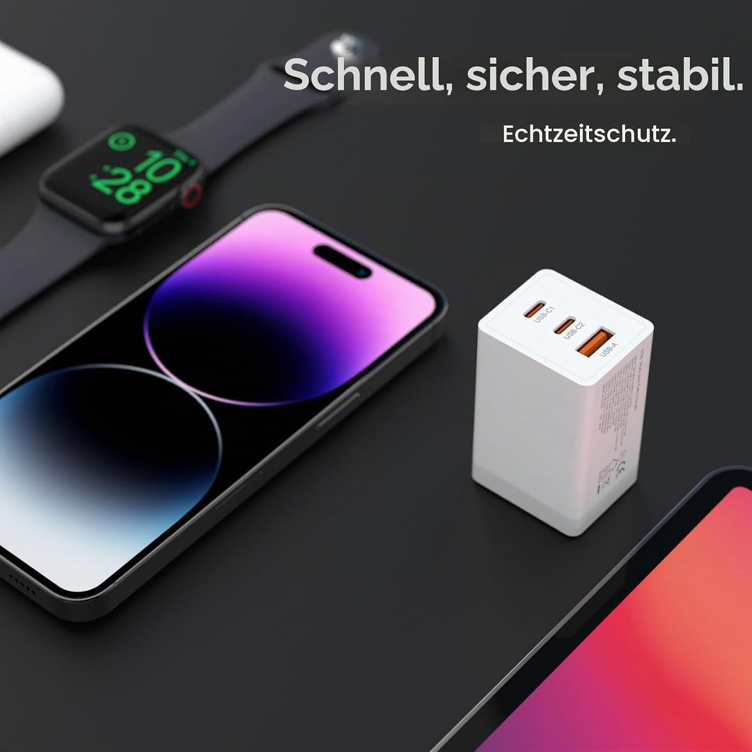 Boaraino 65W USB C Wand-Ladegerät, 3 Port GaN PD USB C/QC 3.0 Schnell-Ladegerät, Tragbarer Reise-Str