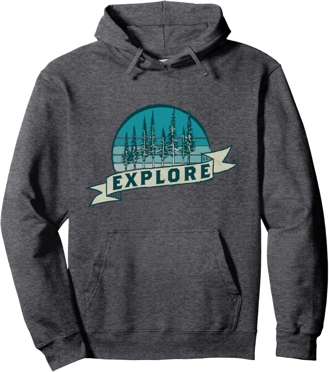 Explore! Get Outside Vintage Blue Sunset Forest Calling Pullover Hoodie