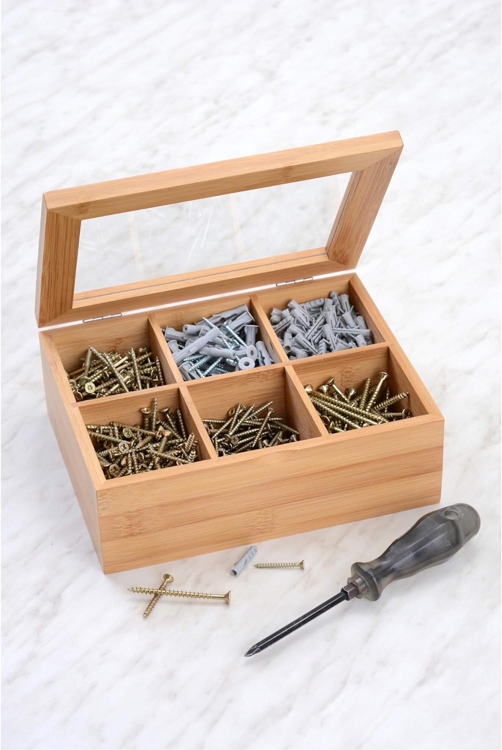 GRÄWE Aufbewahrungsbox aus Bambus mit 6 Fächern, klappbarer Deckel, Sichtfenster, Box zur Aufbewahru