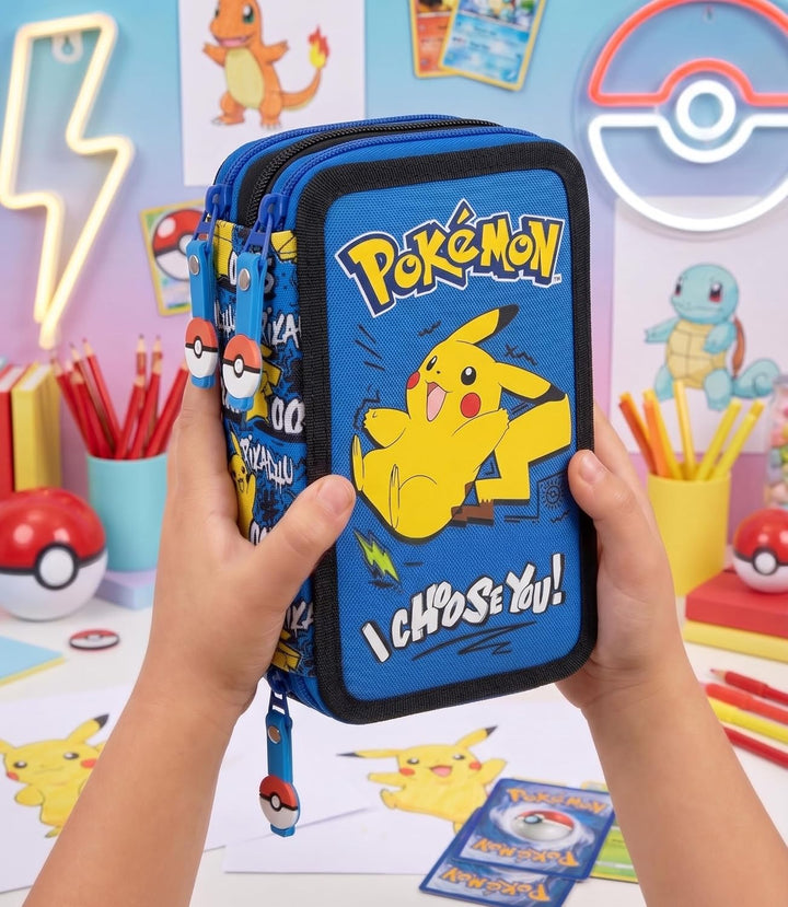 3-Fach Federmäppchen Jungen Gefüllt für Pokemon Fan – Schulmäppchen Set 46 Teile mit Radierbaren Sti