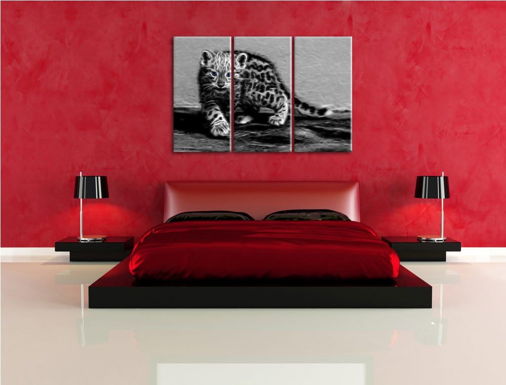 stolzierendes Leopardenjunges schwarz/weiss Deluxe 3-Teiler Leinwandbild 120x80 Bild auf Leinwand, X